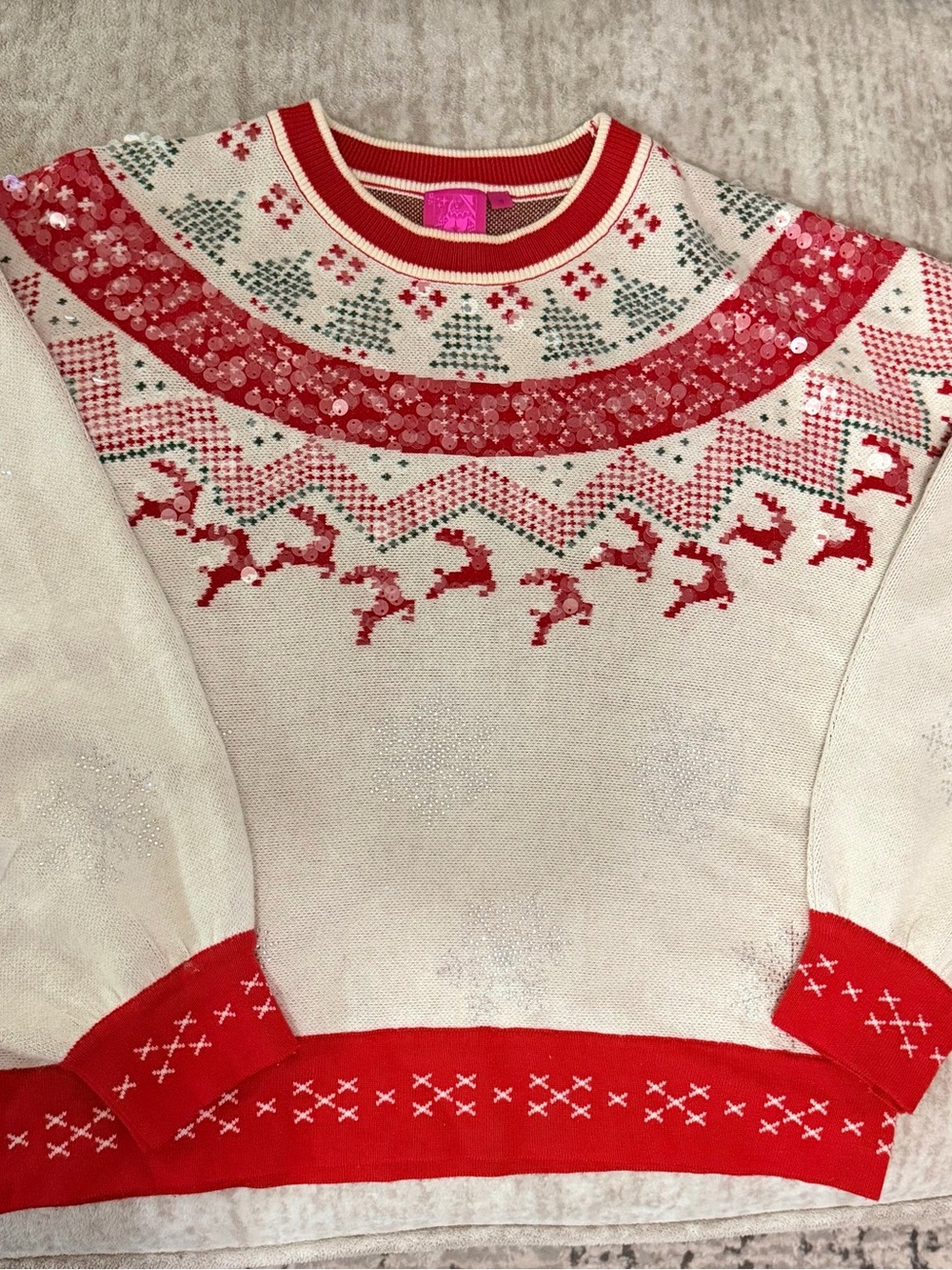 QUEEN OF SPARKLES Ivory Sweater with Red Sequin Yoke and Green Tree Motif